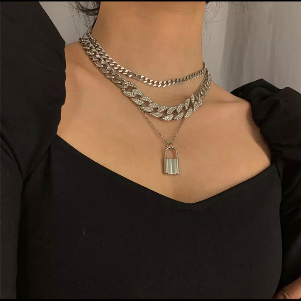 Silver Unisex Multilayer Padlock Chain Necklace